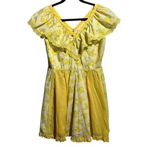 VTG 70s Yellow Floral Ruffle Dress Coquette Southern Belle Lace Tea Length M‎
